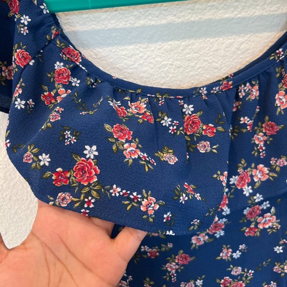 Blue Floral Flowy Mini Dress, Size Large - Picture 5 of 8